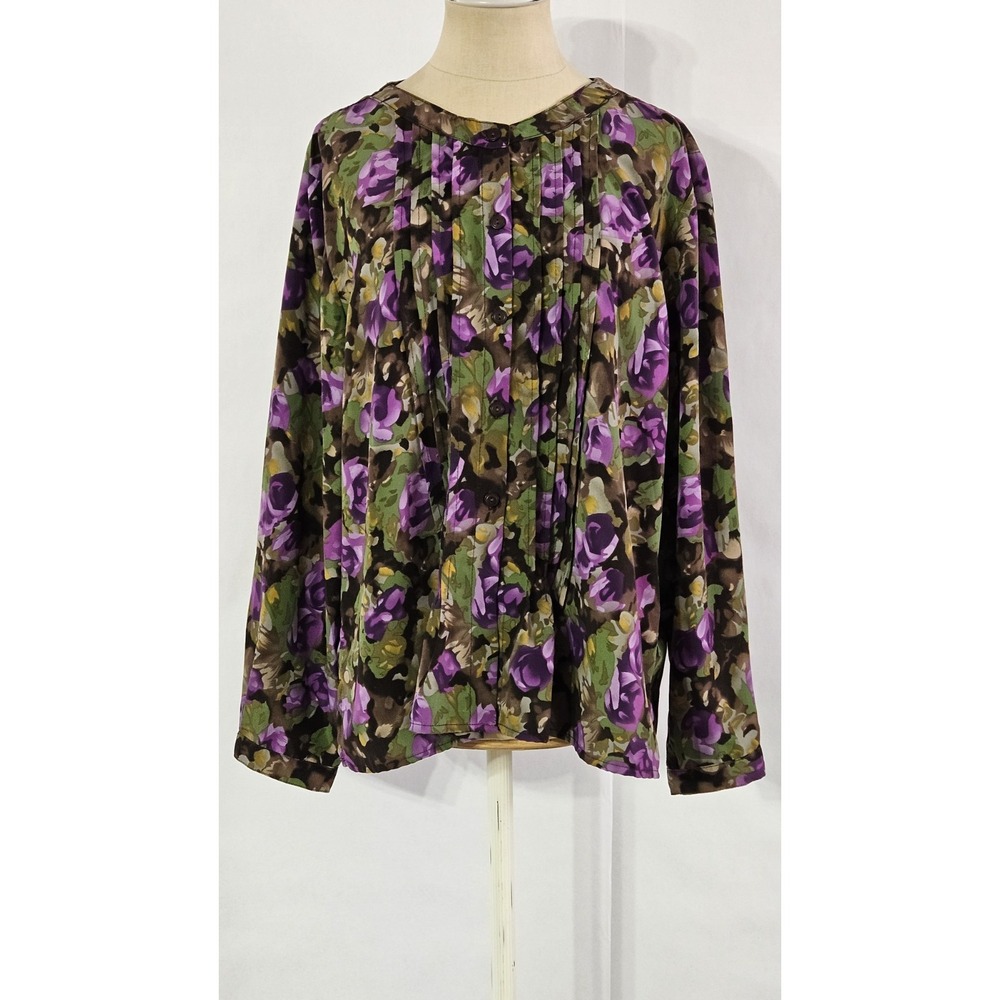 Southern Lady Floral Pleated Front Longsleeve Button Front Blouse - Picture 1 of 10